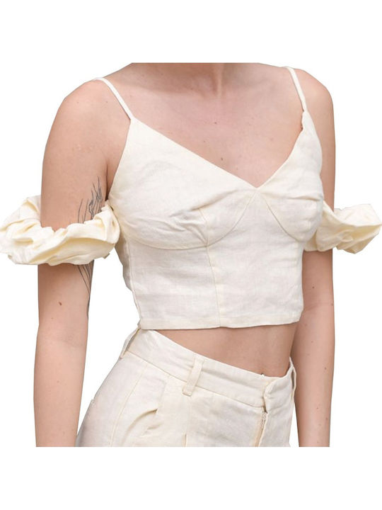 Women's Summer Crop Top Linen with Straps Beige