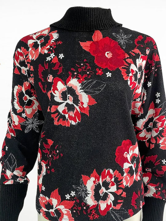 Open Women's Sweater with 3/4 Sleeve Floral Black