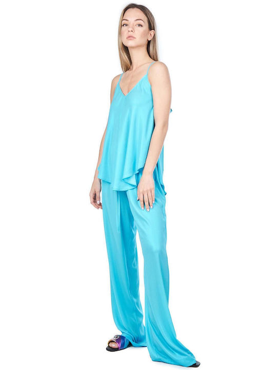 Women's High-waisted Fabric Trousers Light Blue