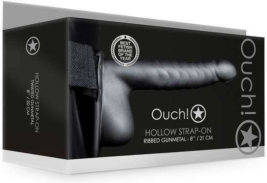 Shots Ouch Ribbed Hollow With Balls Harness with Dildo 22cm in Gray Color