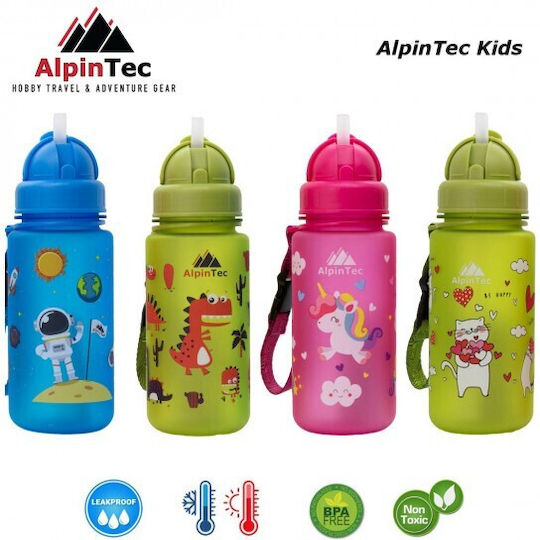 AlpinPro Kids Water Bottle Dinosaur Plastic with Straw Non Spill Green 400ml Dino