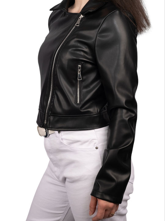 Remix Women's Short Puffer Artificial Leather Jacket for Winter Black