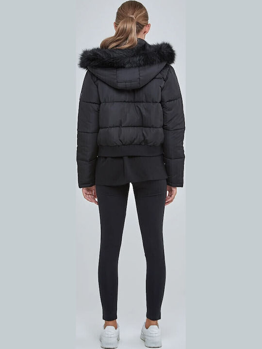 Women's Short Puffer Jacket for Winter with Hood Black