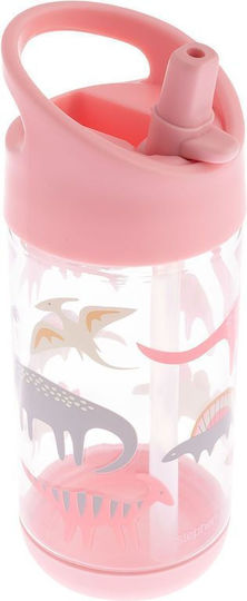 Stephen Joseph Flip Top Kids Water Bottle Dinosaur Plastic with Straw Pink 350ml