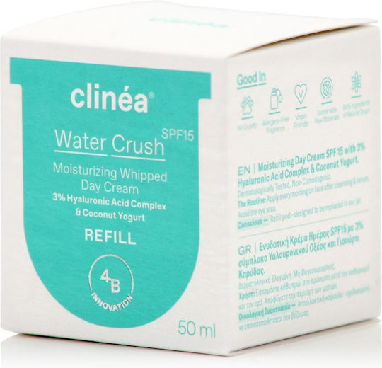 Clinea Water Crush Refill 48ωρη Ενυδατική Κρέμα Προσώπου Ημέρας με SPF15, Υαλουρονικό Οξύ & Πρεβιοτικά 50ml