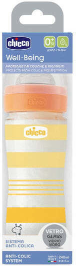 Chicco Glass Baby Bottle Well Being Anti-colic with Silicone Teat for 0+ Months Orange 240ml