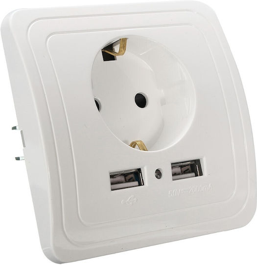 Single Power Socket with 2 USB Ports White