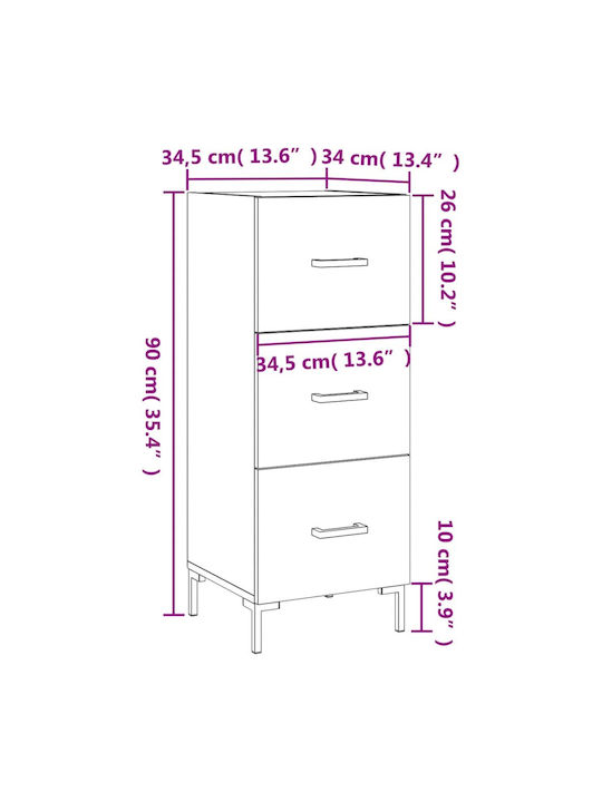 Drawers Storage Wooden with 3 Drawers L34.5xW34xH90cm