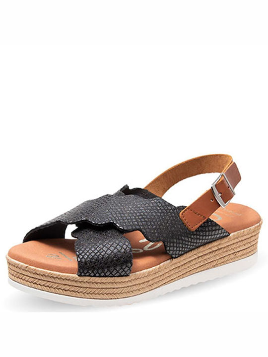 Oh My Sandals Δερμάτινα Γυναικεία Σανδάλια Flatforms σε Μαύρο Χρώμα