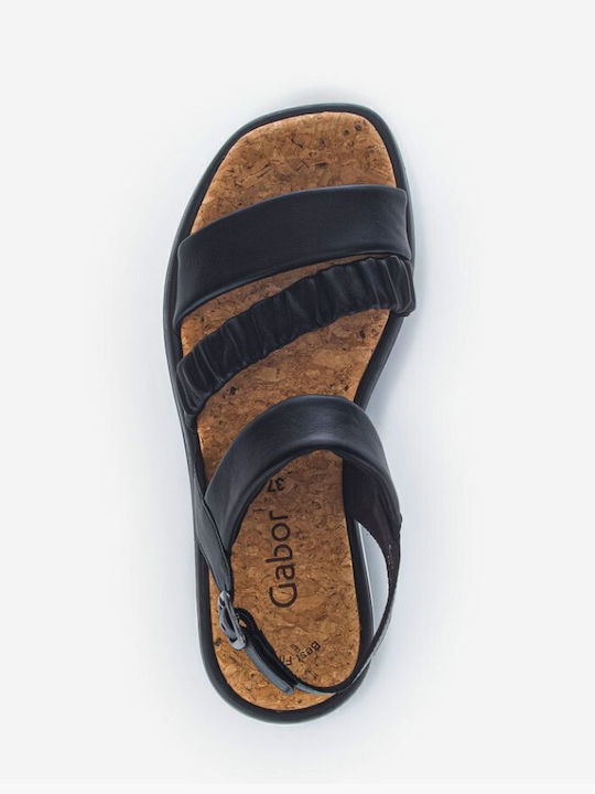 Leder Flache Sandalen für Damen Anatomisch mit Riemen in Schwarz Farbe