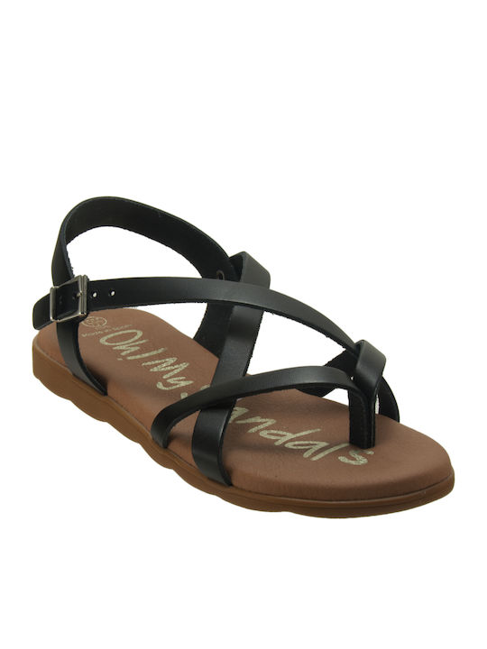 Leather Women's Flat Sandals in Black Color