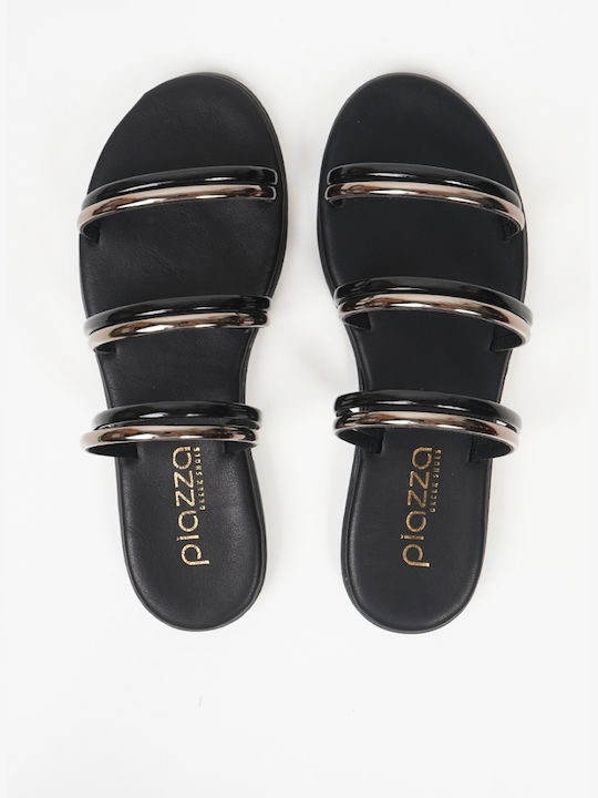 Piazza Shoes Leather Women's Flat Sandals in Black Color