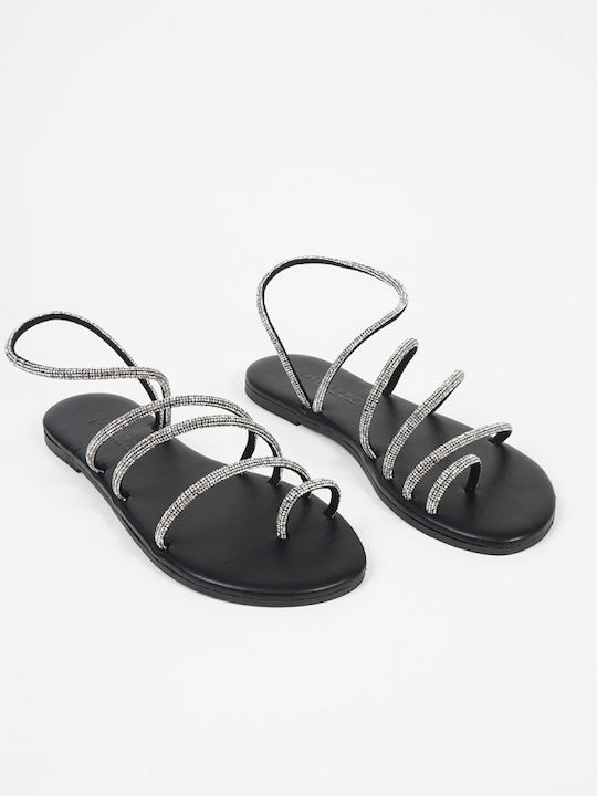 15209 Leder Flache Damen Sandalen Schwarz