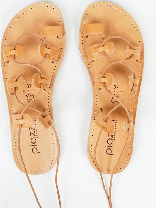 Leather Women's Flat Sandals in Beige Color