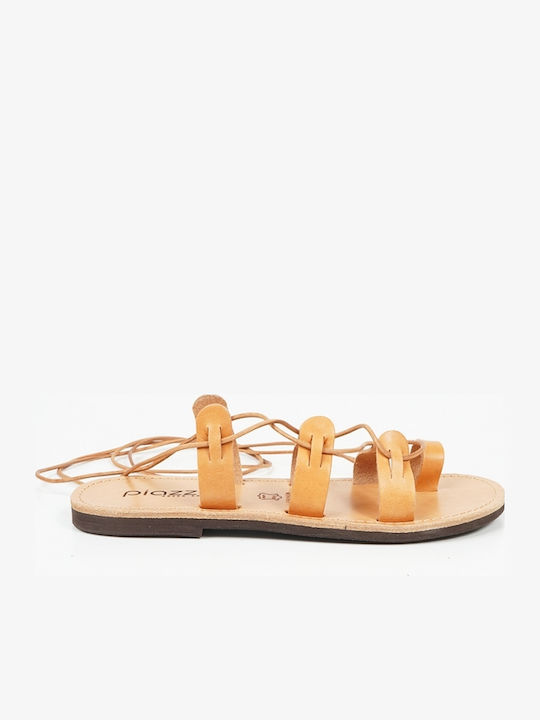 Leather Women's Flat Sandals in Beige Color