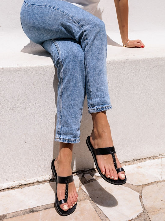 Leder Flache Sandalen für Damen in Schwarz Farbe