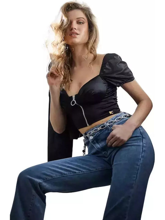 Γυναικείο Καλοκαιρινό Crop Top Σατέν Αμάνικο με Φερμουάρ Μαύρο