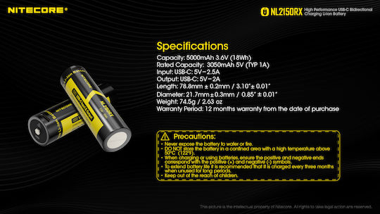 NiteCore Επαναφορτιζόμενη Μπαταρία 21700 Li-ion 5000mAh 3.6V 1τμχ