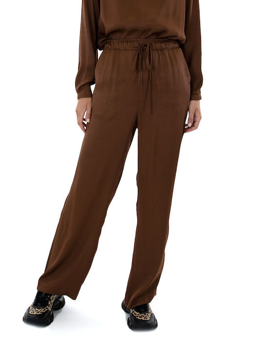 MY T Women's Satin Trousers with Elastic in Straight Line Brown