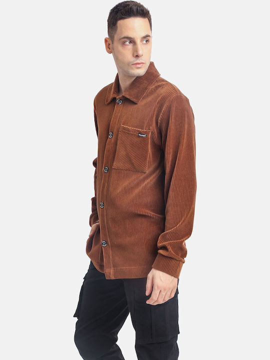 Overshirt Camasa Barbat Mânecă Lungă Din Catifea Raiată Regular Fit Maro