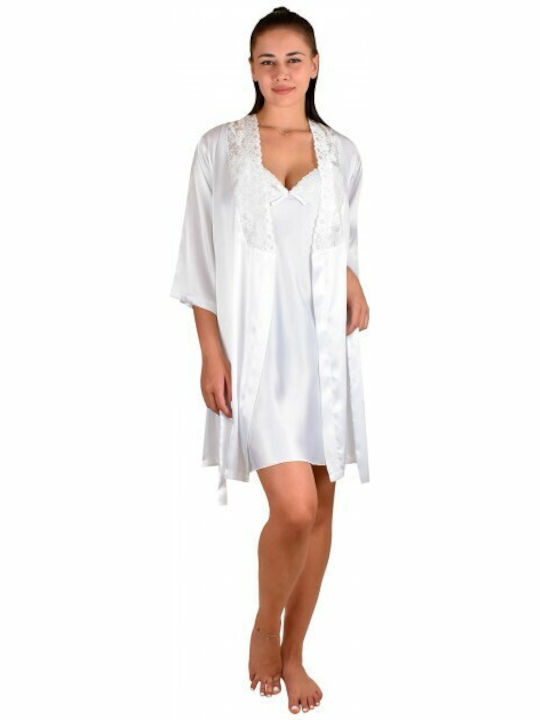 Secret Point Summer Bridal Women's Satin Robe with Nightdress White