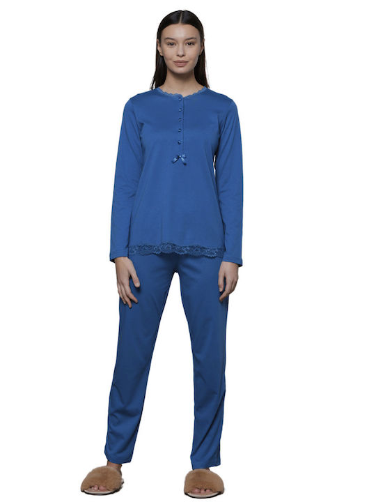 Noidinotte Winter Damen Pyjama-Set Baumwolle Blau