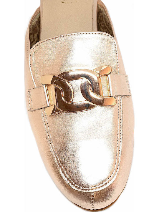 Flat Leather Mules in Gold Color
