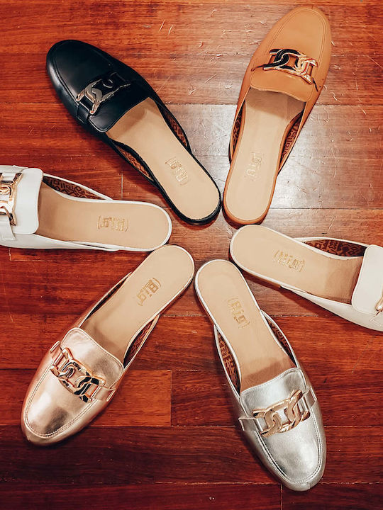 Flat Leather Mules in Gold Color