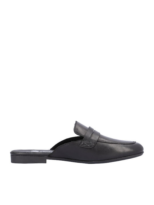 Flat Leather Mules in Black Color