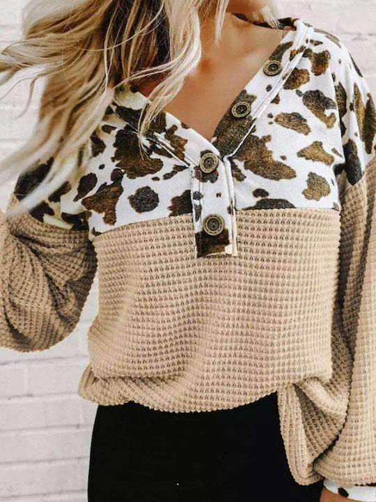 Amely Women's Long Sleeve Sweater Animal Print Beige