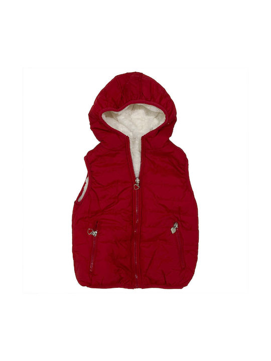 Ustyle Girls Fur Coat Red Double Sided Sleeveless with Lining & Ηood