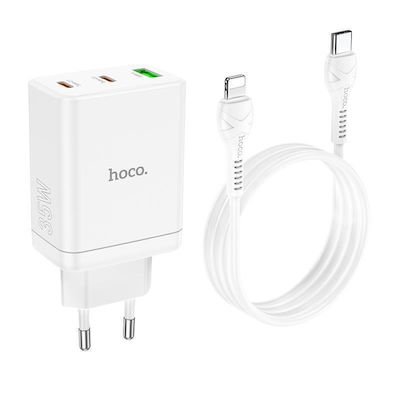 Hoco Încărcător cu Port USB-A și 2 Porturi USB-C și Cablu USB-C - Lightning 35W Livrarea energiei / Quick Charge 3.0 Albς (N33 Start)