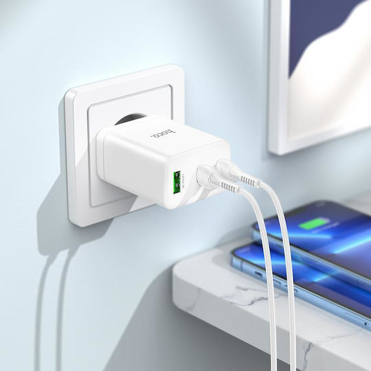 Hoco с USB-A порт и 2 USB-C порта и кабел USB-C - Lightning 35W Power Delivery / Quick Charge 3.0 Бял (N33 Start)