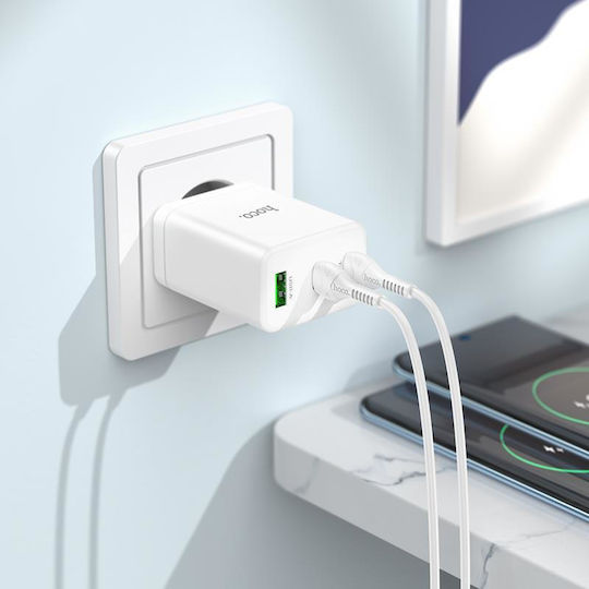 Hoco Φορτιστής με Θύρα USB-A και 2 Θύρες USB-C και Καλώδιο USB-C - USB-C 35W Power Delivery / Quick Charge 3.0 Λευκός (N33 Start)