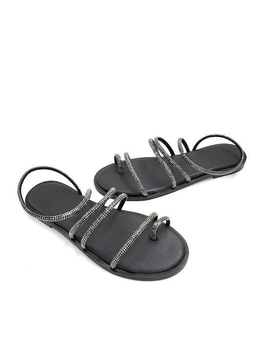 Leder Flache Sandalen für Damen mit Riemen in Schwarz Farbe