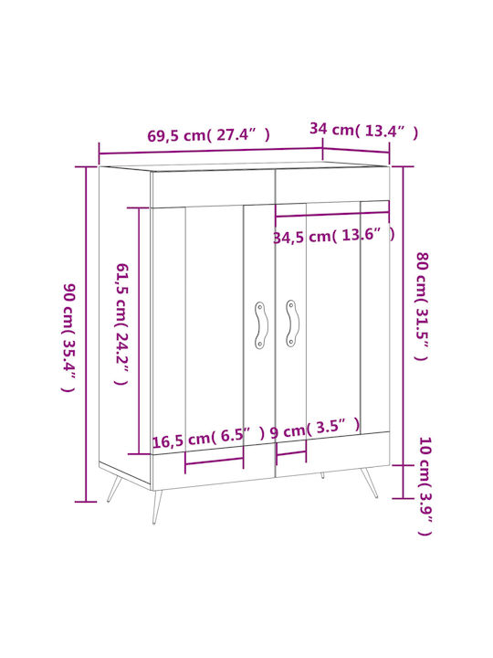 Floor-standing Living Room Display Cabinet made of Particleboard with Glass Gray 69.5x34x90cm