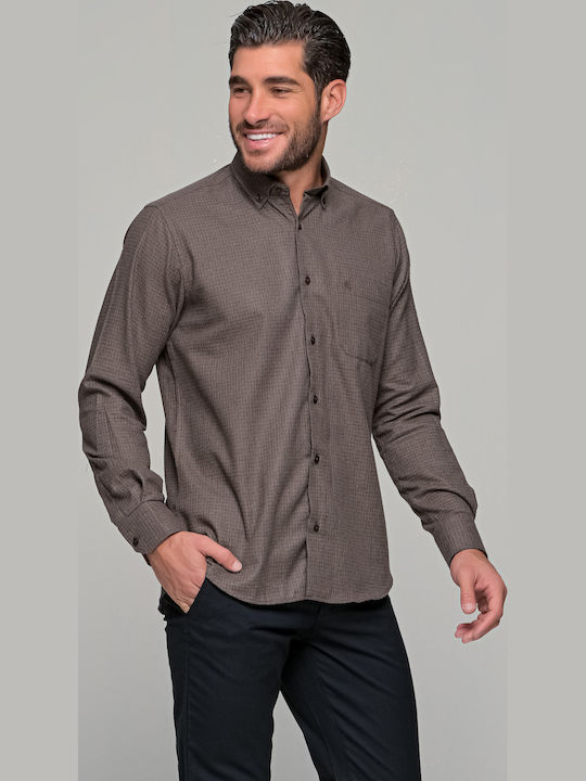 Long-sleeved Flannel Shirt Checked Brown