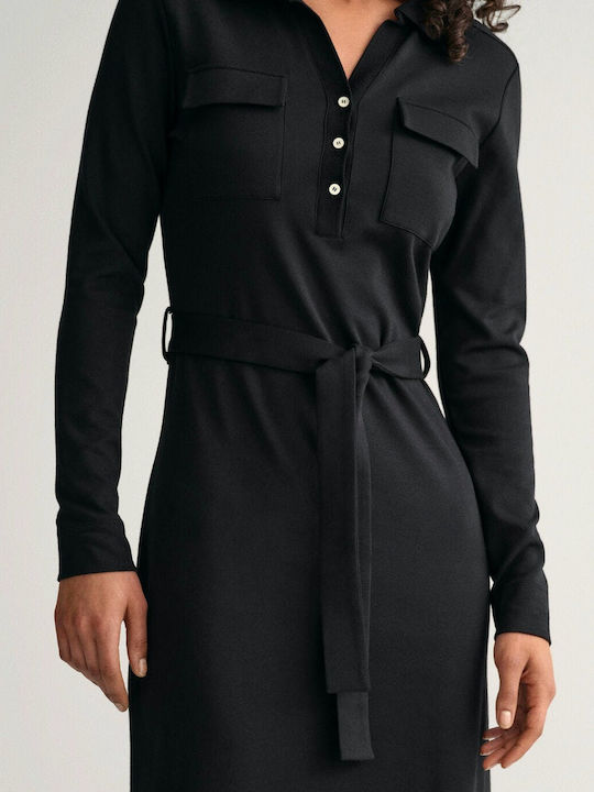 Midi Shirt Dress Long Sleeve Knitted Black