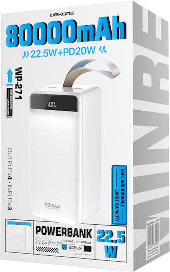 WK WP-271 Power Bank 80000mAh 22.5W with 3 USB-A Ports and USB-C Port Power Delivery / Quick Charge 3.0 Minre White