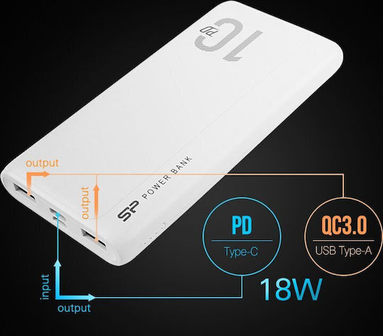 Silicon Power QP15 Power Bank 10000mAh 18W με 2 Θύρες USB-A και Θύρα USB-C Power Delivery / Quick Charge 3.0 Λευκό