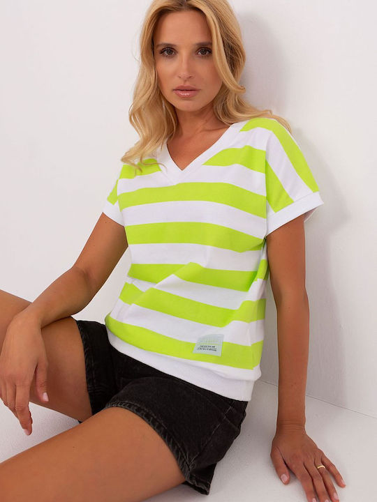 Relevance Women's Summer Blouse Cotton Short Sleeve Striped Green