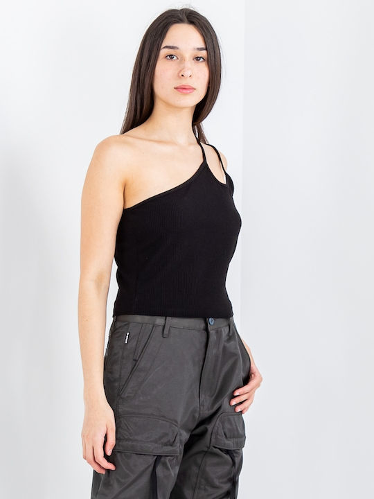 Damen Sommer Crop Top mit Einer Schulter Schwarz