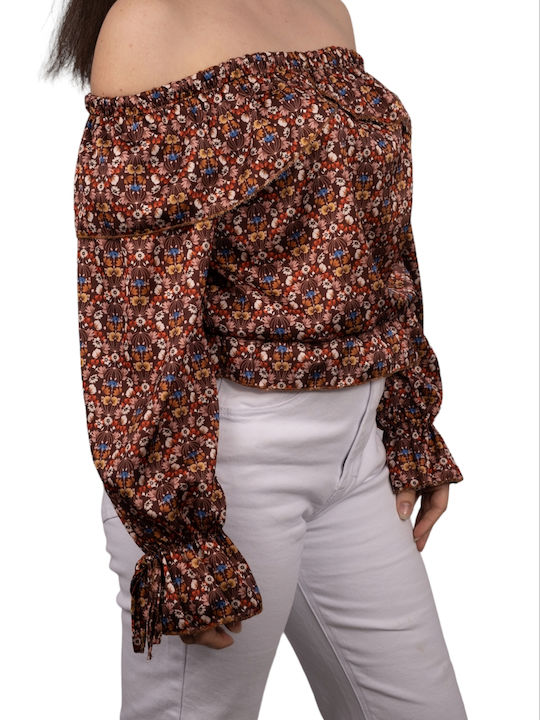 Remix Women's Summer Blouse Off-Shoulder Long Sleeve Floral Brown