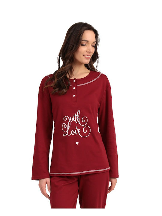 Lydia Creations Winter Women's Pyjama Set Cotton Burgundy