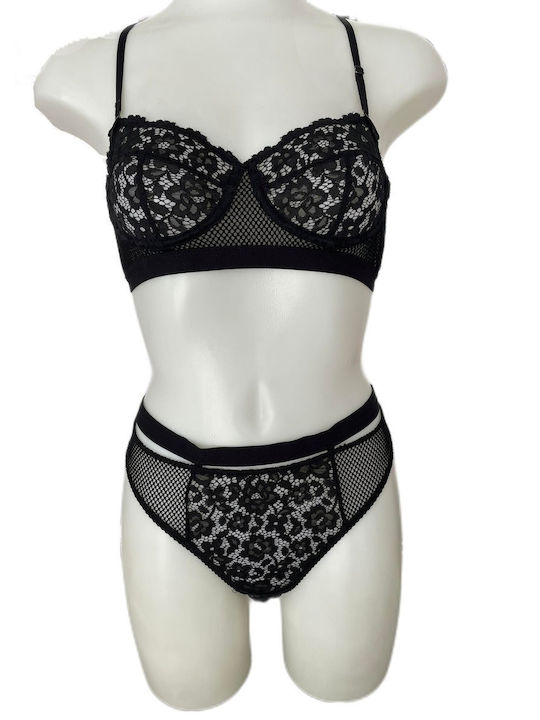 Modern Ocean Lace Underwear Set with Slip Black