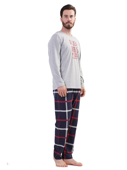 Vienetta Secret Men's Winter Checked Pajamas Set Gray