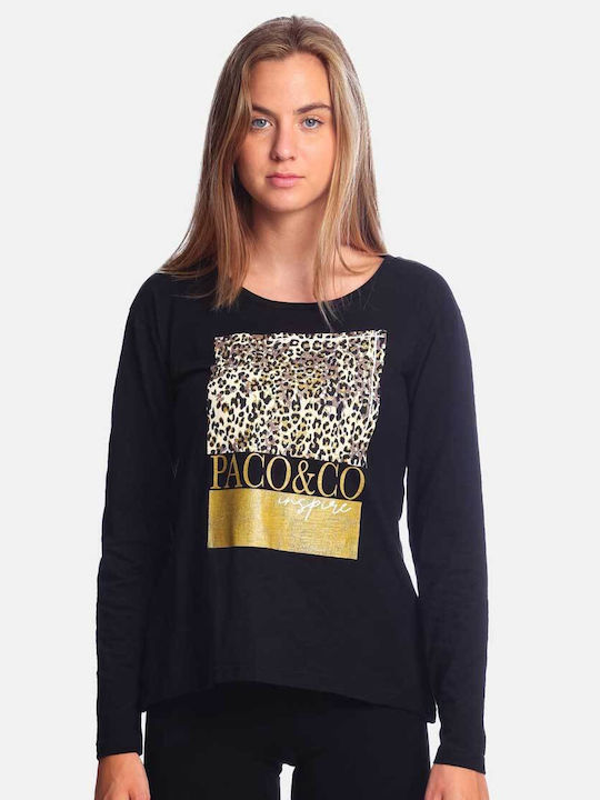 Paco & Co Women's Blouse Cotton Long Sleeve Animal Print Black