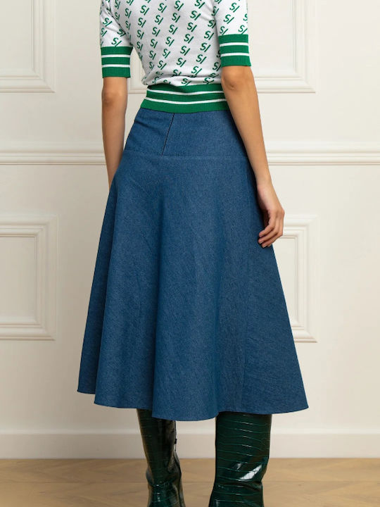 Stefania Vaidani Denim High Waist Midi Skirt in Blue color