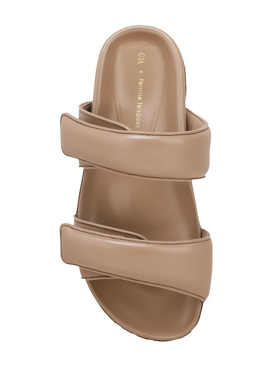 Leather Women's Flat Sandals in Beige Color