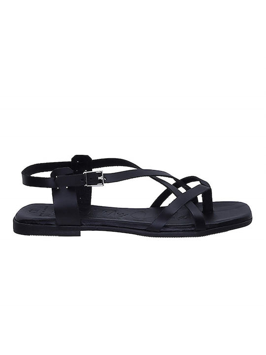 Oh My Sandals Leather Women's Flat Sandals in Black Color